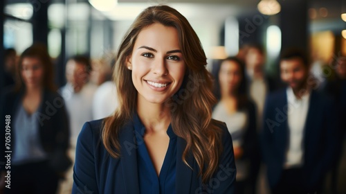 Confident businesswoman standing in office with colleagues in the background