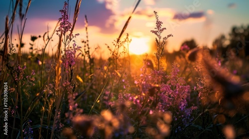 Beautiful natural landscape with a beautiful sunset over a field of purple wild grass and flowers