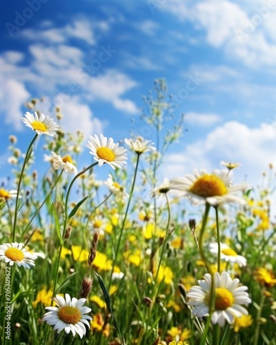 Beautiful field meadow flowers chamomile, blue sky with clouds, nature landscape