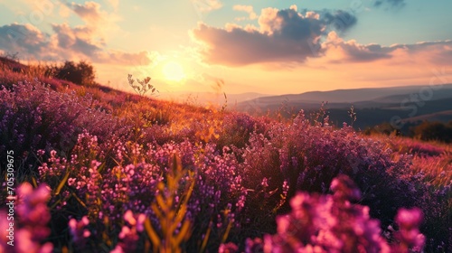 Beautiful natural landscape with a beautiful sunset over a field of purple wild grass and flowers