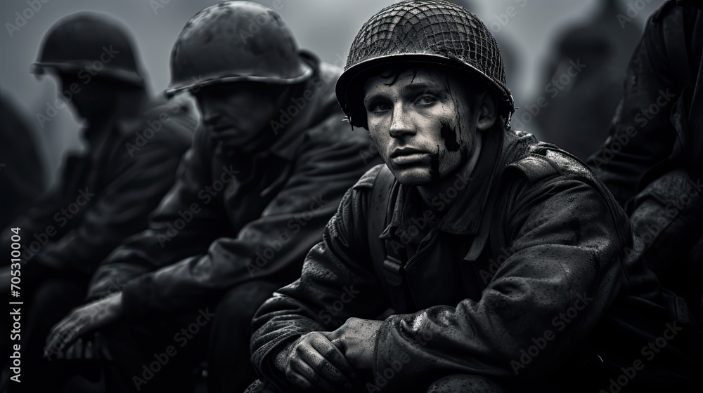 Soldiers Reflecting on the Battlefield in World War II Monochrome Image