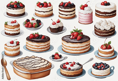 Artistic collection of various hand-drawn rustic cake illustrations