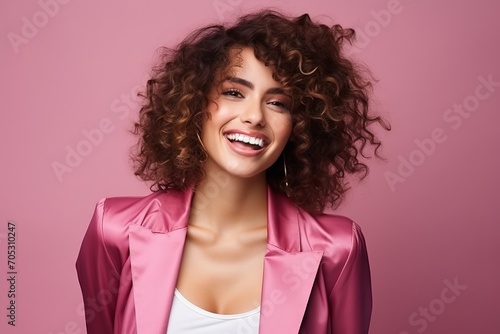 Portrait of a happy young woman with curly hair over pink background