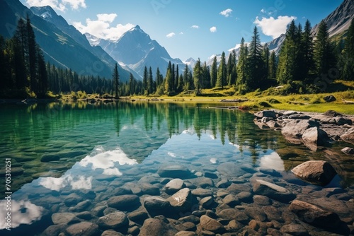 Stunning mountain lake landscape with crystal clear water reflecting the sky