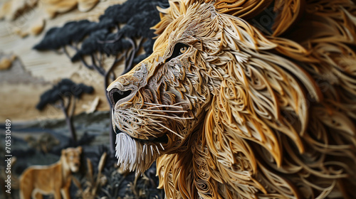 A meticulously crafted quilled paper portrait of a majestic lion  with a focus on texture and depth  set against a Toile background illustrating African savannah scenes.