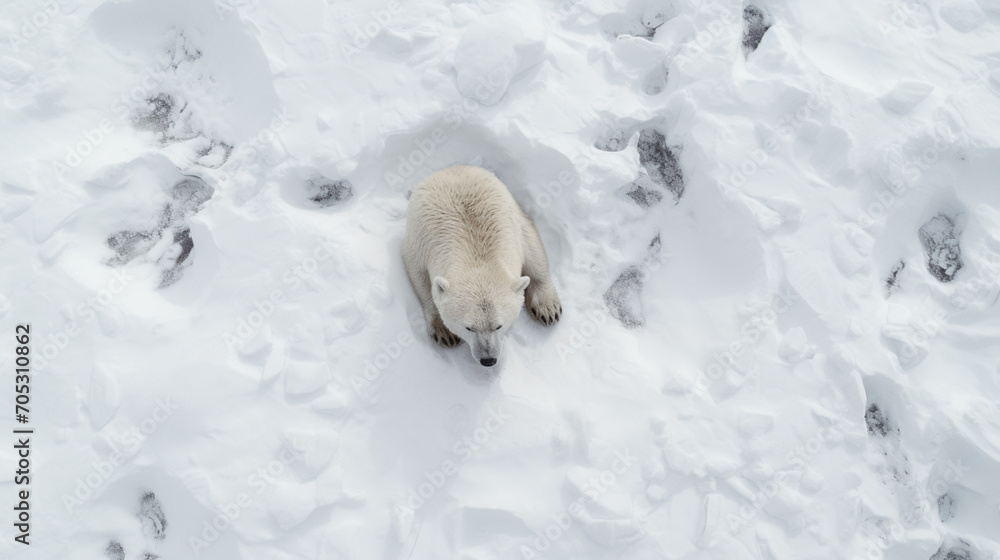 Un ours polaire, ours blanc dans la neige. Vue de haut, trace de pas dans la neige. Hiver, froid, animal, sauvage. Pour conception et création graphique. Un ours polaire, ours blanc dans la neige. Vue de haut, trace de pas dans la neige. Hiver, froid, animal, sauvage. Pour conception et création graphique.