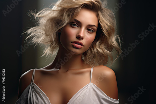 Blonde Woman with Tousled Hair and a Sultry Look in a Silk Top