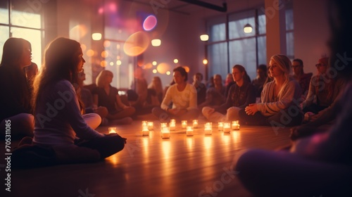 Group of diverse people meditating in a circle with candles photo