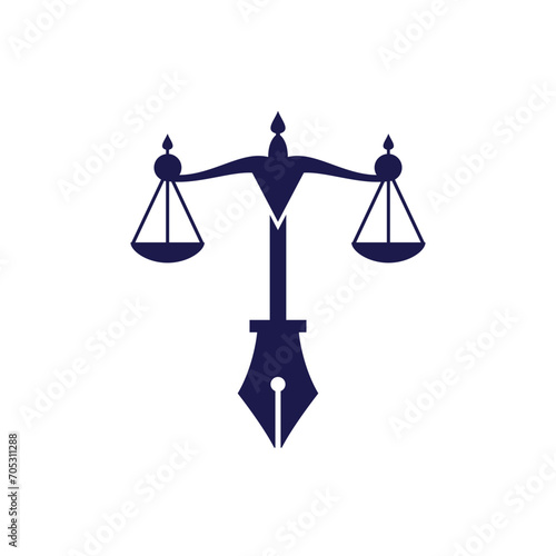 Law logo vector with judicial balance symbolic of justice scale in a pen nib. Logo vector for law, court, justice services and firms. photo