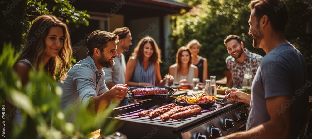 Friends enjoying a barbecue in the backyard Friends enjoying a barbecue in the backyard