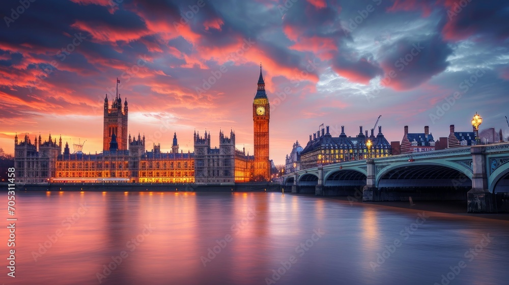 London cityscape with Houses of Parliament and Big Ben tower at sunset, UK