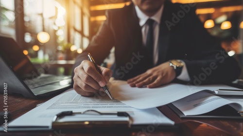 Lawyer, legal advisor, businessman brainstorming information on agreement details Business contracts in legal processing books for accuracy in contract documents. joint financial investment photo