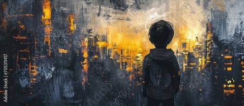 Young child defending city against darkness. Mixed media. photo