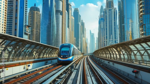 Metro railway among glass skyscrapers in Dubai. Traffic on street in Dubai. Museum of the Future in Dubai. Cityscape skyline. Urban background