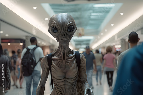 Alien walking in mall. Sci-Fi scene. Alien creature waling and running in shopping center. 