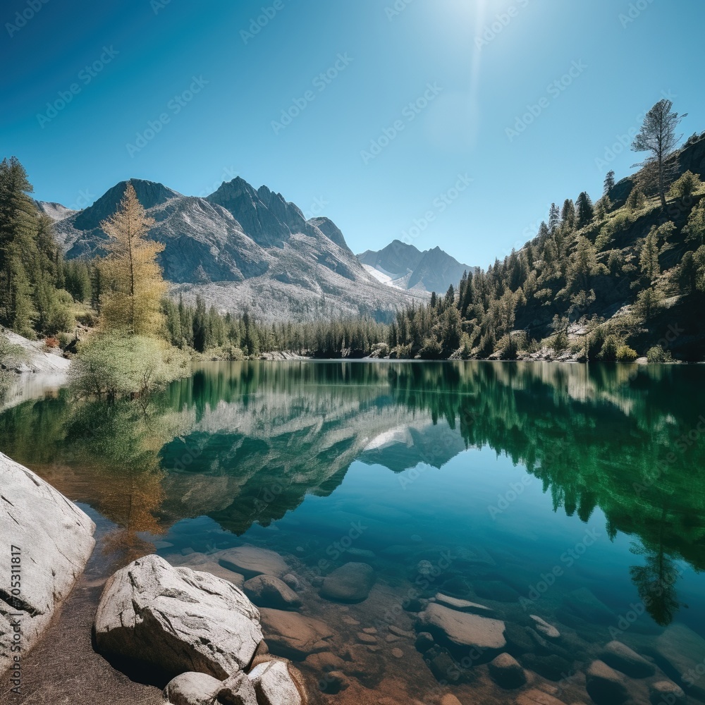 Mountain lake with crystal clear water reflecting the sky and trees
