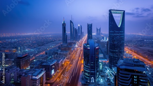 During the blue hour, the KAFD buildings in Riyadh, Saudi Arabia, stand out photo