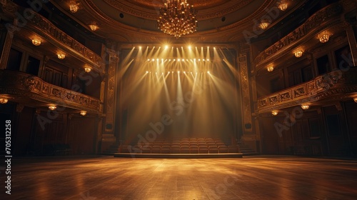 Wide shot of an Empty Elegant Classic Theatre with Spotlight Shot from the Stage. Well-lit Opera House with Beautiful Golden Decoration Ready to Recieve Audience for a Play or Ballet Show photo