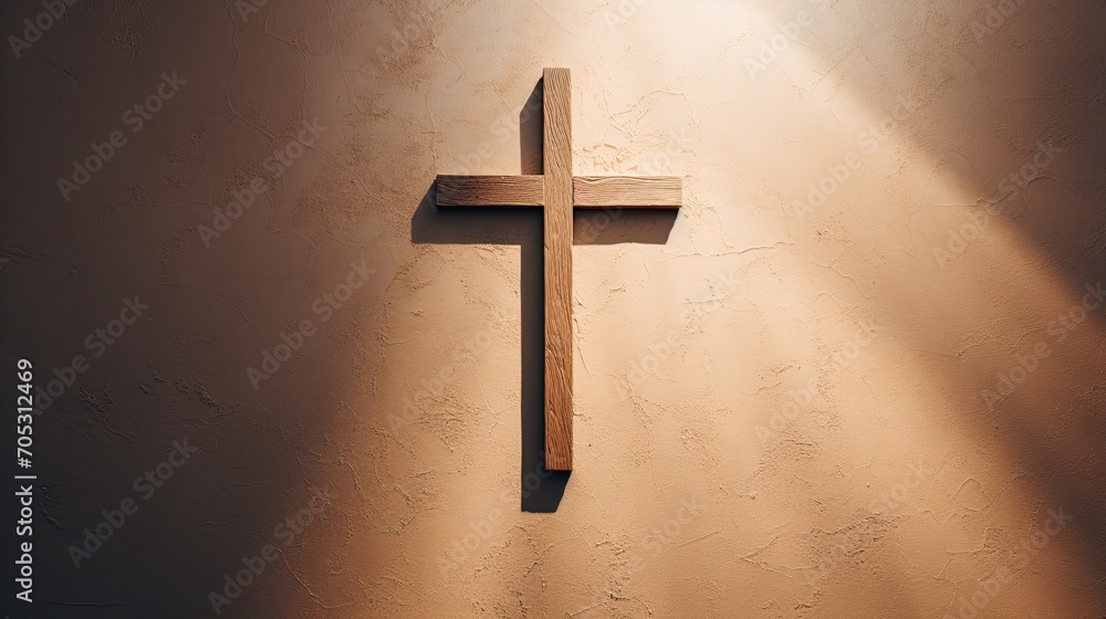 Cross-shaped shadow cast on a wall, concept of constant presence of faith.