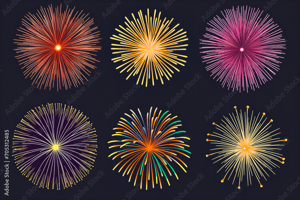 A vector set of eight fireworks, isolated on a black background. Pixel art firework explosion. New Year holiday celebration. A vector set of eight fireworks, isolated on a black background. Pixel art firework explosion. New Year holiday celebration.