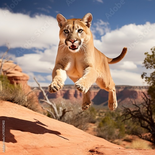 A cougar is leaping over a rock in the desert