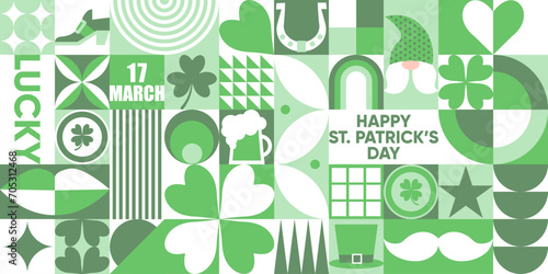 Happy St. Patrick's Day geometric seamless pattern in green palette. Mosaic vector background with a leprechaun hat, clover leaves, gold coins, beer and simple forms.Neo geo art. Swiss style.