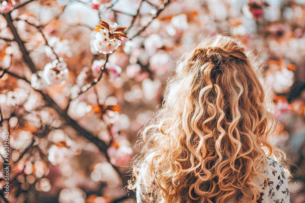 Fototapeta premium Beautiful young woman with long curly blonde hair from behind holding blooming branch of sakura tree.