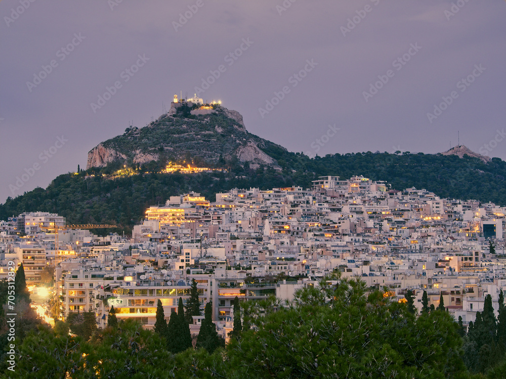 Lycabettus hill view with Athens city lights. Greece 