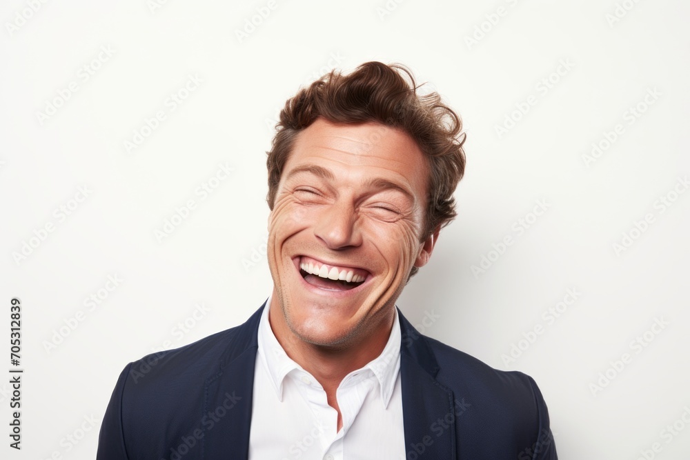 Portrait of a happy young businessman laughing against a white background.