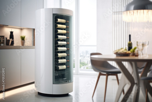 Modern white wine cooler in a stylish home interior, blending technology, comfort, and functionality. photo