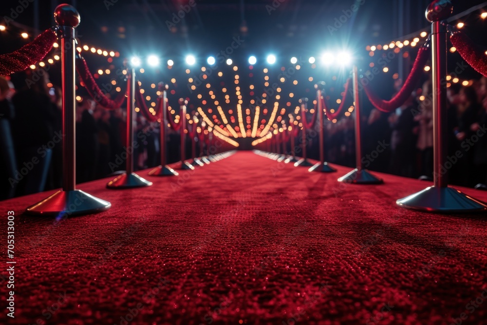 VIP red carpet entrance to a luxurious event, radiating prestige and exclusivity with velvet ropes.