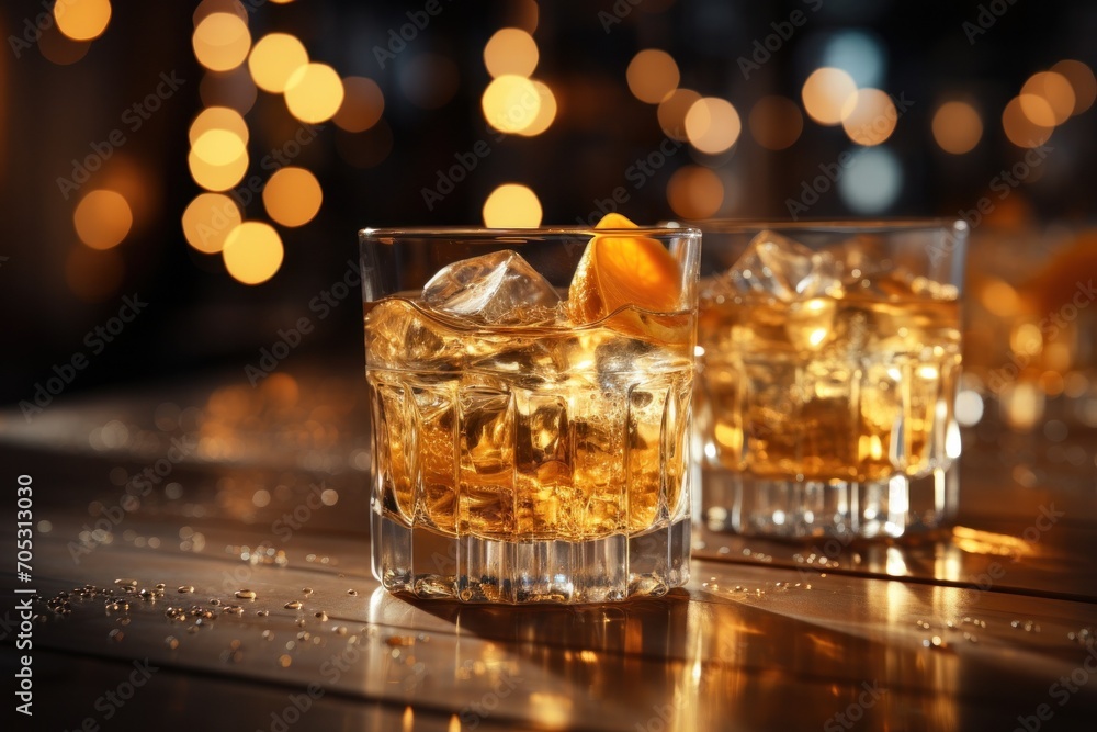 Classic cocktail with whiskey, ice, and a hint of orange, served in a vintage glass on a wooden bar counter. Classic cocktail with whiskey, ice, and a hint of orange, served in a vintage glass on a wooden bar counter.