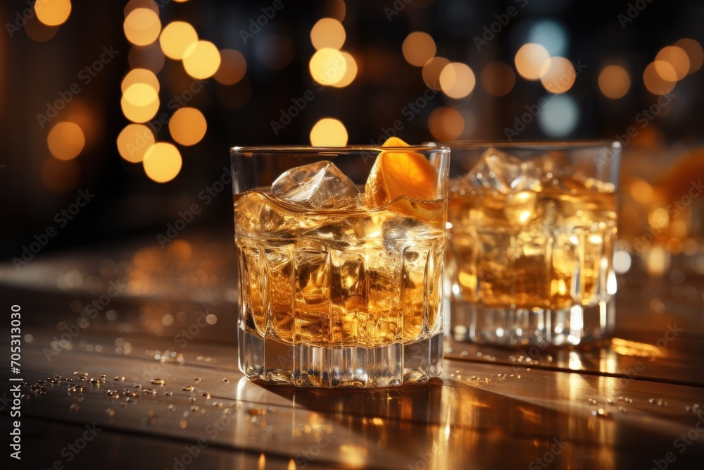 Classic cocktail with whiskey, ice, and a hint of orange, served in a vintage glass on a wooden bar counter.