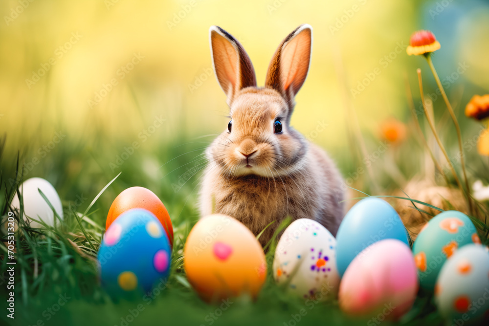 happy bunny with many easter eggs on grass festive background for decorative design happy bunny with many easter eggs on grass festive background for decorative design