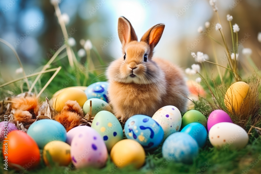 happy bunny with many easter eggs on grass festive background for decorative design happy bunny with many easter eggs on grass festive background for decorative design