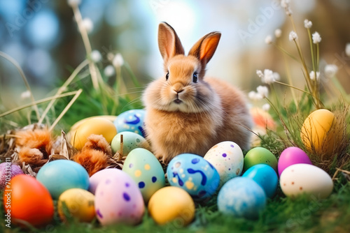 happy bunny with many easter eggs on grass festive background for decorative design