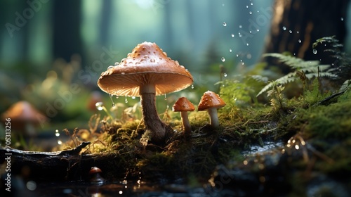 Raindrops on orange mushrooms in a mystical forest
