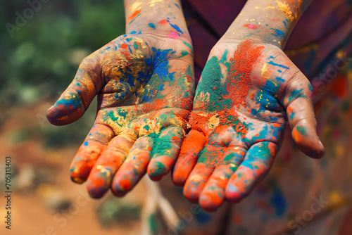 Holi painted hands in with colors, celebrating Famous Hindu festival celebrated in India.