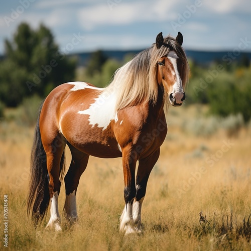 A Pinto Horse Standing in a Field of Golden Grass © duyina1990