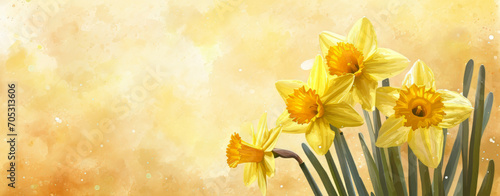 Beautiful daffodils flowers panorama with copyspace