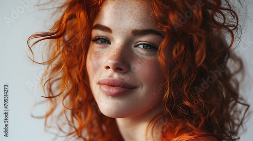 Portrait of beautiful curly ginger hair young woman with freckles on the face photo