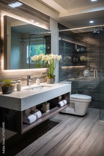 Modern bathroom interior with dark marble tiles and wood floor