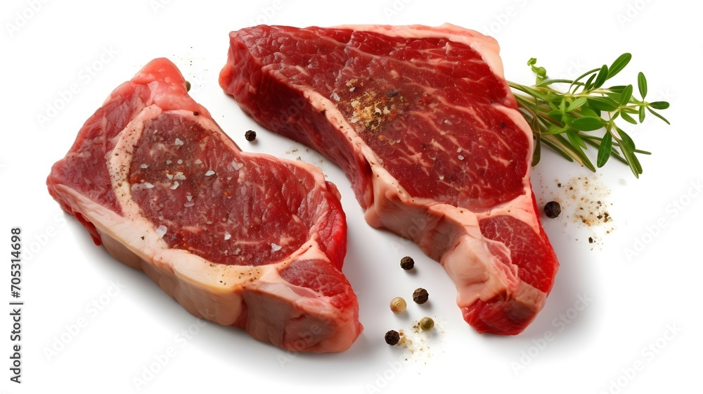 grilled marbled beef steaks striploin with spices isolated on white background. With clipping path. Transparent background and natural transparent shadow  Ingredient, spice for cooking