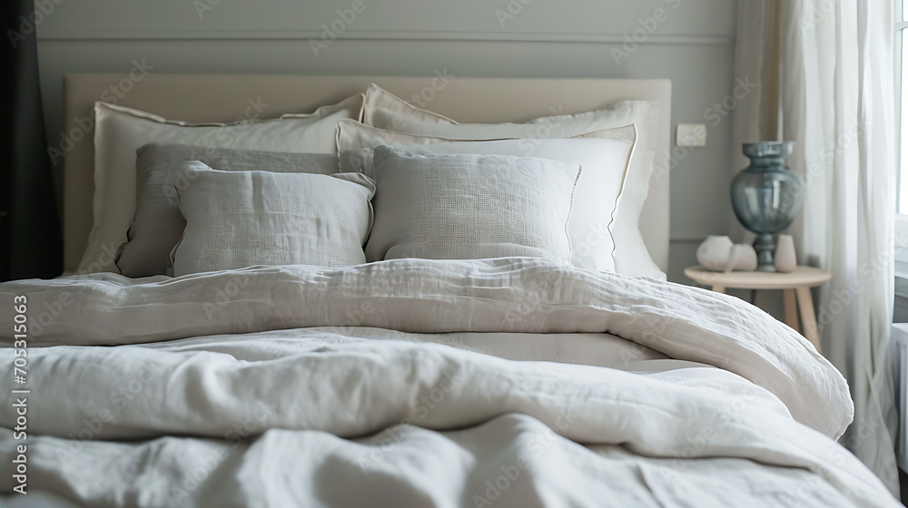 Pastel beige and grey bedding on bed. Minimalist, french country interior design of modern bedroom Pastel beige and grey bedding on bed. Minimalist, french country interior design of modern bedroom