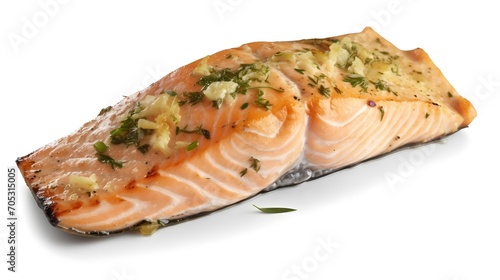 Garlic Butter Baked Salmon isolated on white background. With clipping path. Transparent background and natural transparent shadow