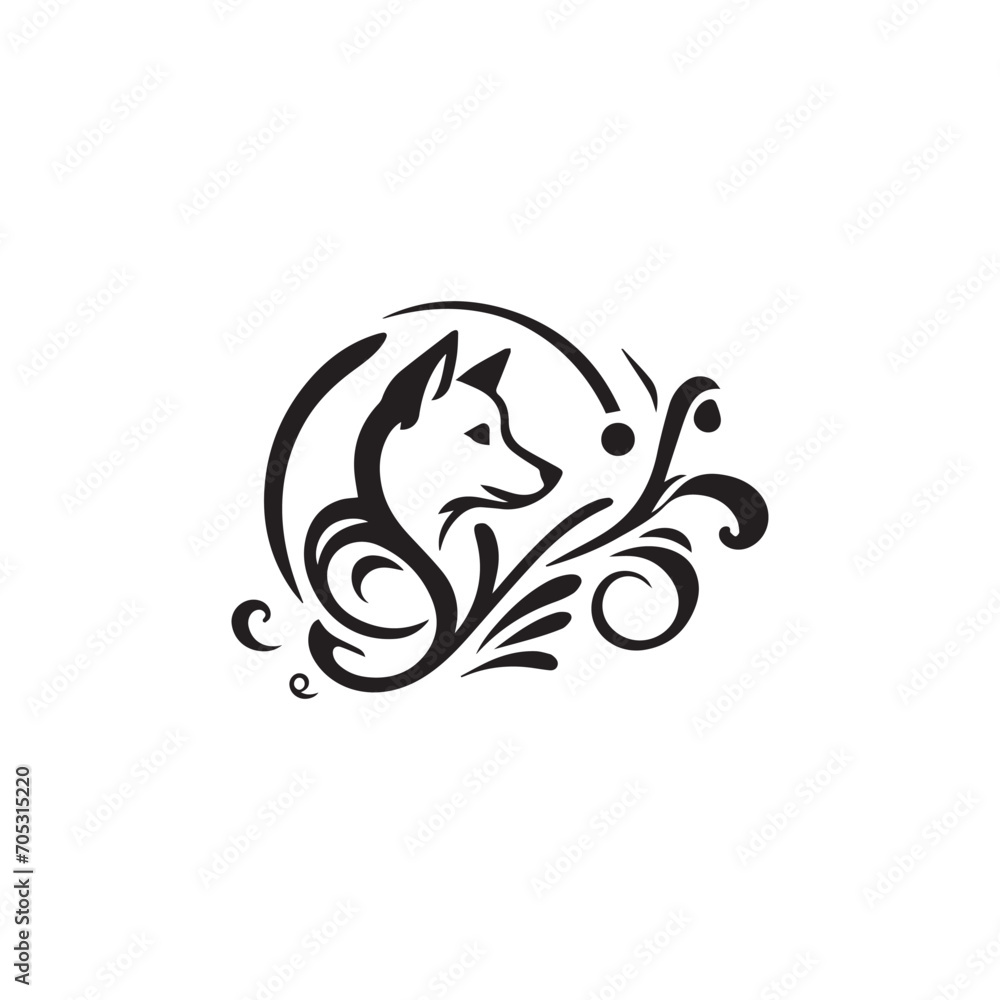 Naklejka premium Elegantly Crafted Canine Silhouette Embraced by Swirling Botanical Accents