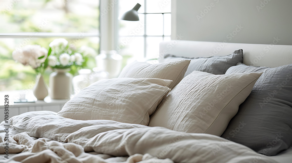 Pastel beige and grey bedding on bed. Minimalist, french country interior design of modern bedroom Pastel beige and grey bedding on bed. Minimalist, french country interior design of modern bedroom