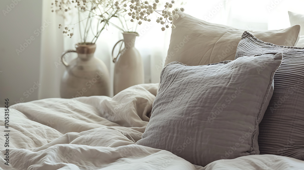 Pastel beige and grey bedding on bed. Minimalist, french country interior design of modern bedroom Pastel beige and grey bedding on bed. Minimalist, french country interior design of modern bedroom