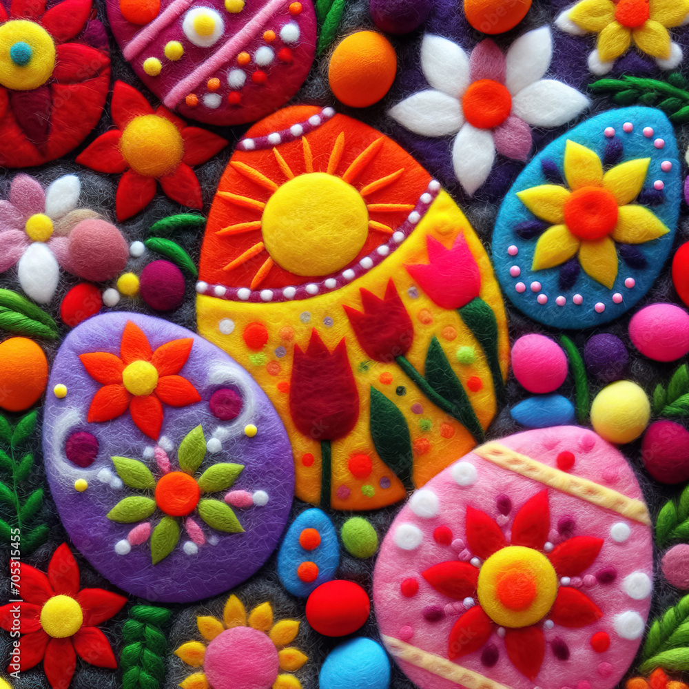 Felt art patchwork, Easter eggs with spring flowers, colorful holiday