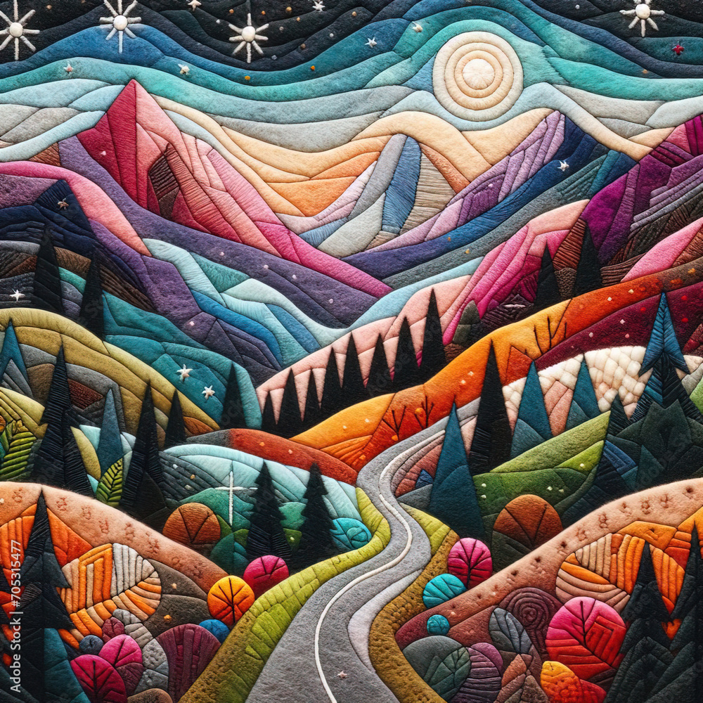 Felt art patchwork, landscape of beautiful road in mountains